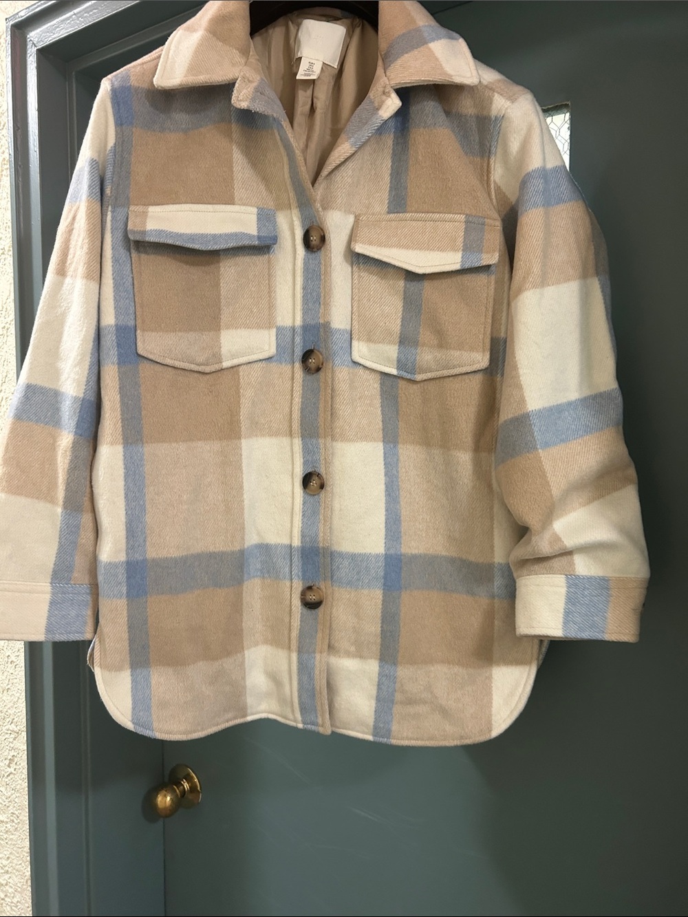 H&M Women’s Ladies Beige& Blue Plaid Shirt Jacket BRAND NEW NO TAG Size SMALL